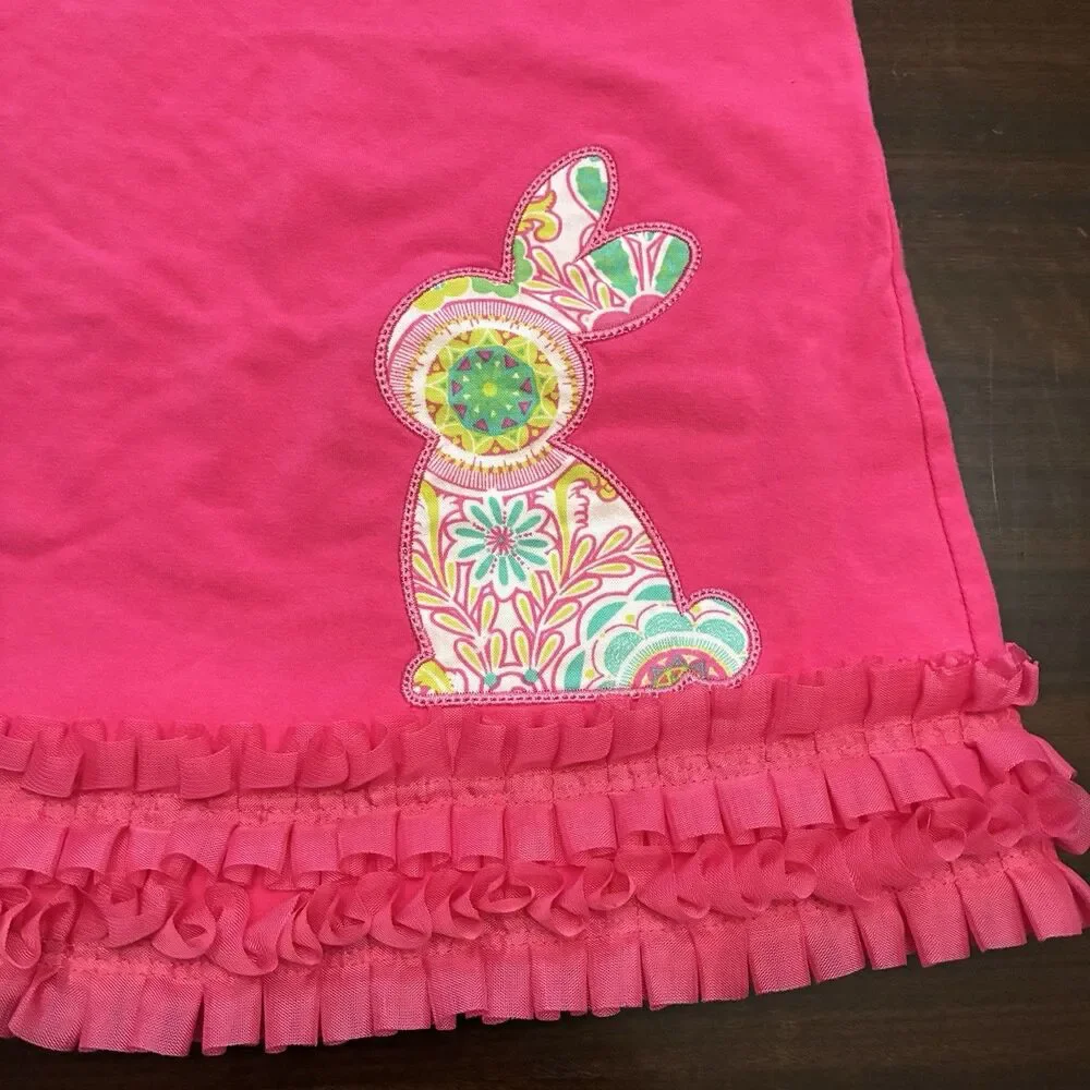 Just Blanks Pink Dressed W/ Bunny Rabbit And Daisy Hair Bow band. Ruffle 18 Mths